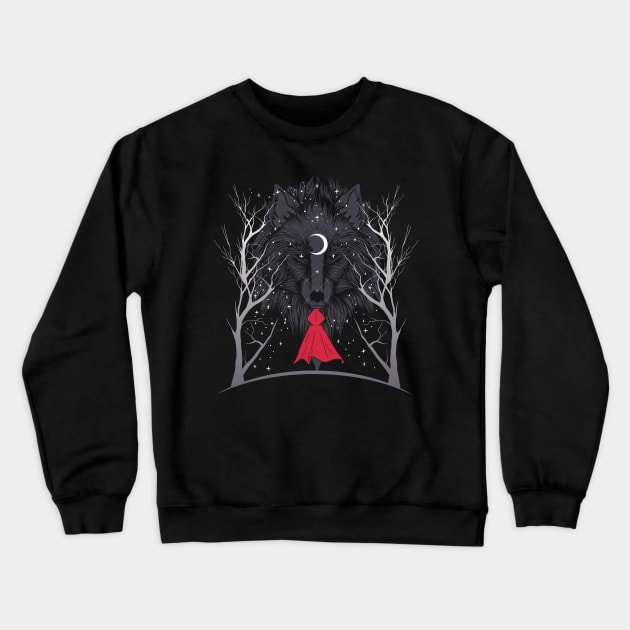 Little Red Ridding Hood Creepy Wolf Crescent Moon Midnight Mystery Crewneck Sweatshirt by Kali Space